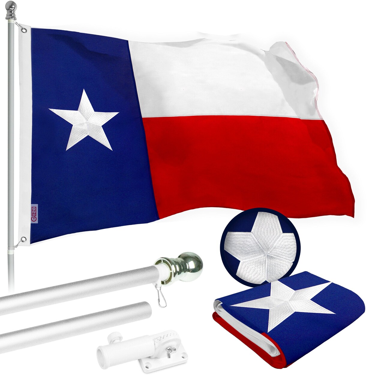 G128 Flag Pole 5 FT Silver Tangle Free & Texas Flag 2x3 FT Combo Embroidered Spun Polyester
